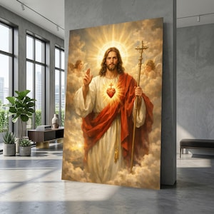 Sacred Heart Jesus Canvas Art, Divine Christian Wall Decor, Religious Faith Painting
