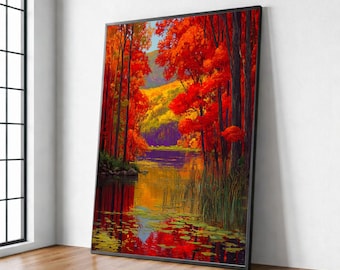 Può includere: Una stampa artistica da parete verticale incorniciata che raffigura una vivace scena di bosco autunnale con alberi rosso e arancione brillante che circondano un lago calmo. L'acqua riflette il fogliame colorato e le colline in lontananza.