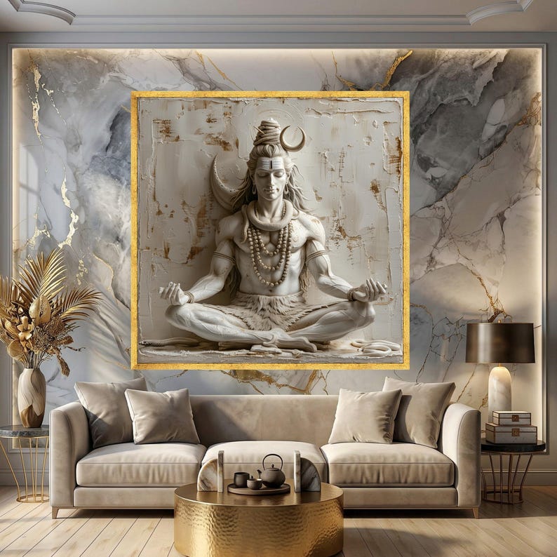 Canvaskunst meditatieve Shiva-standbeeld, yogahouding, decor hindoegodheid, neutrale tinten meditatieruimte afbeelding 6