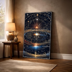 May include: A framed art print depicting a celestial map with intricate details in shades of blue, gold, and black. The artwork features concentric circles, stars, and cityscapes, creating a cosmic and artistic representation. The print is displayed in a room with a warm, inviting ambiance.