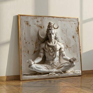 Meditative Shiva Statue Canvas Art, Yoga Pose, Hindu Deity Decor, Neutral Tones Meditation Room