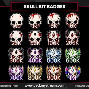 May include: A collection of sixteen digital skull bit badges arranged in a grid, labeled with increments from 100 to 1M. The skulls feature varying designs including blood splatters, horns, wings, and colored gems, with the text SKULL BIT BADGES above.