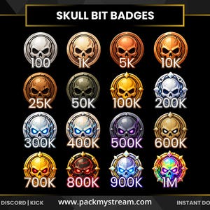 May include: A collection of sixteen circular skull bit badges arranged in a four-by-four grid. Each badge features a unique skull design with varying metallic colors and glowing eye effects, labeled with numerical values from 100 to 1M.