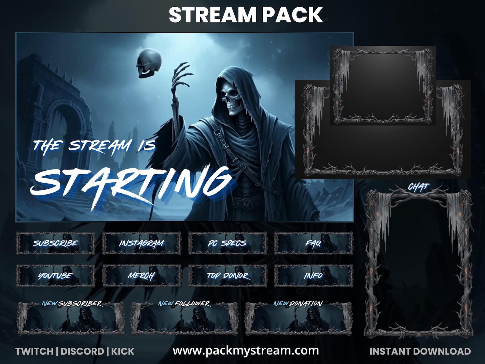 Dark Grim Reaper Animated Stream Overlay Pack | Twitch OBS Gaming ...