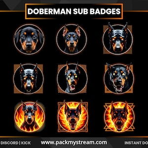 Peut inclure: Ensemble de badges de sous-titres Doberman avec divers designs. Les badges présentent des têtes de Doberman dans des cercles et des carrés, avec des effets flamboyants et lumineux. Le texte "Doberman Sub Badges" est en haut. Le texte du bas comprend "Twitch | Discord | Kick" et une adresse de site web.