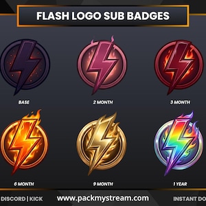 May include: A graphic featuring six circular Flash logo sub badges. The badges are in various colors, including purple, red, gold, and rainbow, with a lightning bolt design. Text includes "BASE", "2 MONTH", "3 MONTH", "6 MONTH", "9 MONTH", and "1 YEAR".