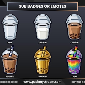May include: A set of six pixel art drink icons labelled SUB BADGES OR EMOTES. The icons show a clear plastic cup with a dome lid, progressing from an empty cup to various filled versions including milk, brown boba, and a rainbow-coloured drink.