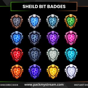 May include: A collection of sixteen shield-shaped digital badges arranged in a four-by-four grid against a black background. Each badge features a unique colored center with a glowing crackled pattern and the text SHEILD BIT BADGES at the top.