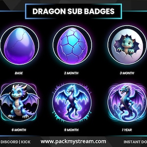 May include: A digital graphic featuring six dragon-themed sub badges for Twitch, Discord, and Kick. The badges include a purple egg, a cracked blue egg, a baby dragon hatching, a blue dragon with wings, a standing dragon, and a dragon with wings. Text includes "Dragon Sub Badges".