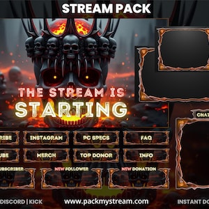 Dark Skull Crown Stream Overlay Pack Animated / Fire Lava Twitch Overlay OBS Streamlabs Gaming Screens Starting BRB Offline Ending