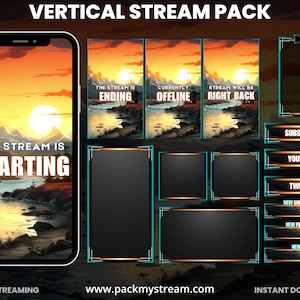 May include: A digital stream pack with a sunset landscape design. Includes a phone screen with "The Stream is Starting" text, stream status screens, and overlay elements for chat, subscribe, YouTube, Twitch, and new follower notifications.