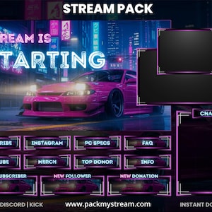May include: A digital stream pack with a neon pink car in a city setting. The words "Stream is Starting" are in neon blue. Includes buttons for Twitch, Discord, and other social media platforms.