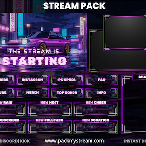May include: A digital stream pack with a purple and black color scheme. The main graphic features a purple car in a neon city scene. Includes panels for chat, subscriber alerts, and social media links. Text includes "The Stream is Starting".