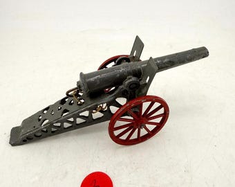 Vintage Cast Iron Spring Loaded Toy Cannon Red Wheels Gun Shield Grey Paint