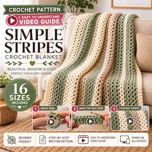 Puede incluir: Un patrón de ganchillo para una manta con rayas verticales en verde salvia, crema y beige. El texto dice: CROCHET PATTERN, VIDEO GUIDE, SIMPLE STRIPES CROCHET BLANKET, 16 SIZES INCLUDED, BEGINNER FRIENDLY, STEP-BY-STEP WRITTEN PATTERN, WORKS ON ALL DEVICES.