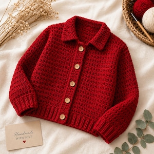 Puede incluir: Un cárdigan de ganchillo rojo brillante de manga larga con cuello, puños acanalados y dobladillo acanalado. La prenda se abjrocha con cinco botones de madera de color claro en la parte delantera. Una pequeña tarjeta rectangular dice Handmade WITH LOVE.