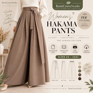 Puede incluir: Un patrón de costura digital en PDF para pantalones hakama de pierna ancha en tallas de la XS a la XXXL. El diseño presenta una silueta de cintura alta con un cinturón de tela a juego, pliegues profundos y bolsillos laterales.
