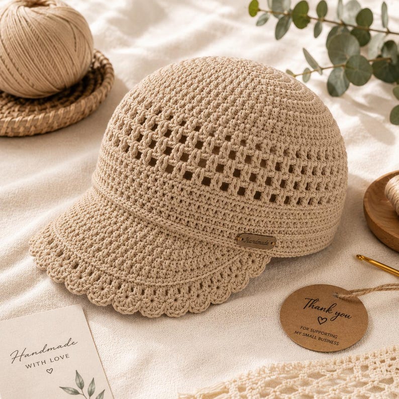 May include: A beige crochet baseball cap featuring a textured lattice pattern on the crown and a scalloped edge along the brim. A small rectangular brown tag with the word Handmade is attached to the side of the cap near the brim.