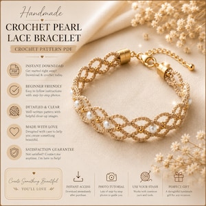 May include: A beige crochet lace bracelet featuring small white pearls and gold-tone beads, with a gold-tone lobster clasp and extender chain. The image includes text: Handmade CROCHET PEARL LACE BRACELET, CROCHET PATTERN PDF, INSTANT DOWNLOAD, BEGINNER FRIENDLY.