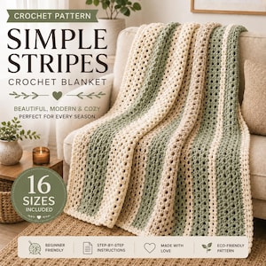 Puede incluir: Una manta de ganchillo con rayas verticales que alternan entre verde salvia y crema, con un patrón de puntos calados texturizados. El texto dice: CROCHET PATTERN SIMPLE STRIPES CROCHET BLANKET, BEAUTIFUL, MODERN & COZY, PERFECT FOR EVERY SEASON, 16 SIZES INCLUDED.