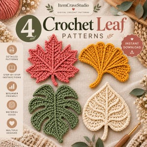 以下が含まれることがあります： 4 Crochet Leaf Patternsと題されたデジタルかぎ針編みパターンセット。ピンク、黄色、濃い緑、クリーム色の4種類の葉のデザインが特徴です。画像にはPDF、詳細なパターン、ステップバイステップの説明、インスタントダウンロードのテキストラベルが含まれています。