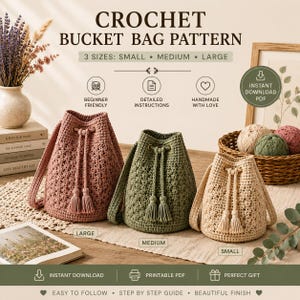 Patrón de bolso de cubo a crochet en PDF (3 tamaños incluidos), bolso de hombro con cordón, estilo boho, tutorial para principiantes, descarga instantánea.