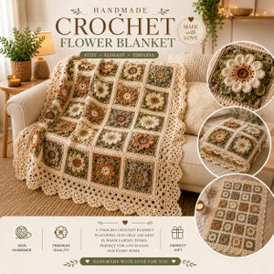 Modello per coperta all'uncinetto con fiori, coperta quadrata "Grandma Square Throw", tutorial PDF, coperta floreale vintage fai da te, biancheria da letto fatta a mano, download immediato, regalo
