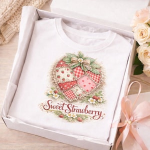 Camiseta con estampado de fresa y corazón de patchwork (descarga digital)
