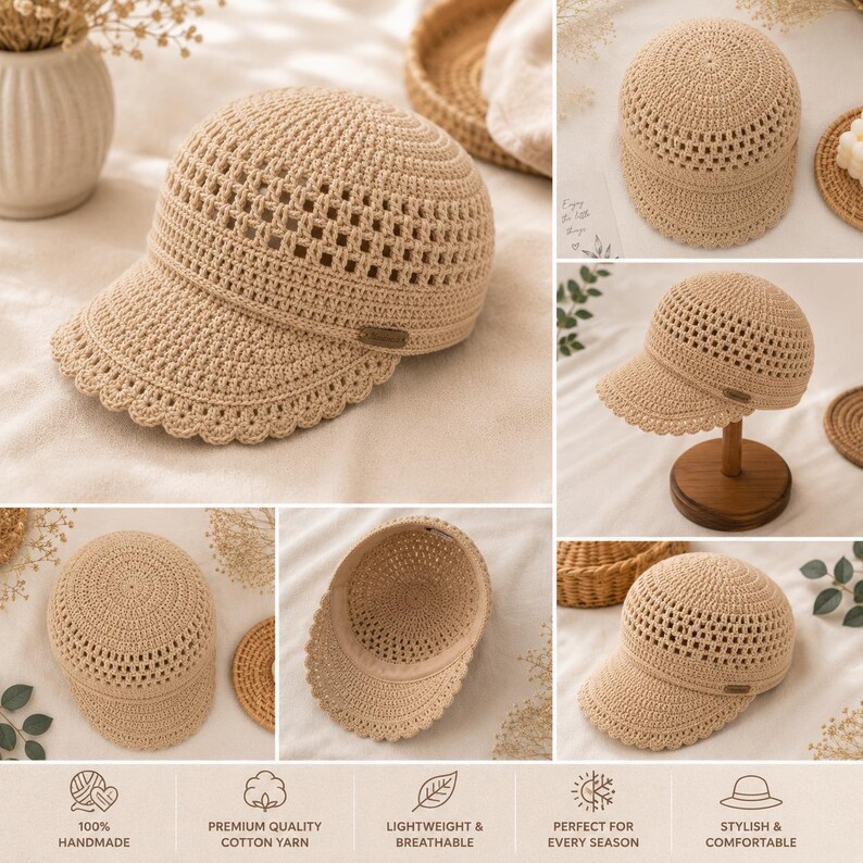 May include: A beige crochet baseball cap featuring a structured crown with a square-patterned open weave, a solid brim with a scalloped edge, and a small rectangular brown tag on the side. The hat is crafted from yarn with a visible stitch texture.
