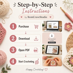 May include: An instructional graphic titled Step-by-Step Instructions by ItemCraveStudio detailing a four-step process: Purchase, Download, Open PDF, and Start Crocheting. The visual guide includes icons, a laptop, a tablet, and yarn.