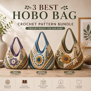 Paquete de patrones de bolsos hobo de ganchillo en formato PDF. Tres diseños únicos de bolsos de hombro. Descarga digital. Tutorial para principiantes. Cada estilo incluye tres tamaños.