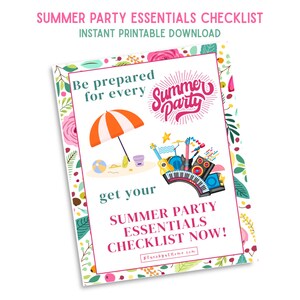 Könnte beinhalten: Eine druckbare Checkliste mit dem Titel SUMMER PARTY ESSENTIALS CHECKLIST und einem Blumenrand. Sie zeigt einen orange-weißen Sonnenschirm, einen Strandball und Musikinstrumente wie ein Keyboard, eine Gitarre und Trommeln mit dem Text Summer Party.