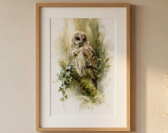 Barred Owl Watercolor Print, Woodland Bird Art Print, Cottagecore Nature Wall Art, Botanical Bird Wall Decor, Farmhouse Wildlife Home Decor