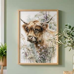 Watercolor highland cow wildflower print displayed in a natural wood frame on a sage green wall in a cottagecore boho farmhouse room with eucalyptus stems and indoor plants, digital printable wall art download