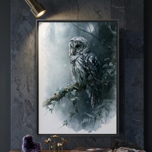 Barred owl watercolor printable wall art displayed in a dark moody entryway above a walnut console table with amethyst crystal and brass decor, framed in black on a slate textured wall with dramatic spotlight lighting