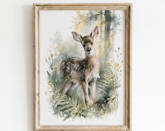 Baby Fawn Watercolor Print, Woodland Nursery Wall Art, Deer Digital Download, Forest Animal Printable, Nature Lover Boho Nursery Decor