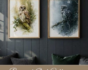 Conjunto de láminas de búho barrado, arte mural de acuarela de bosque iluminado por la luna, dúo de aves del bosque, lámina de naturaleza para imprimir, decoración del hogar con motivos de vida silvestre, lámina de arte cottagecore.