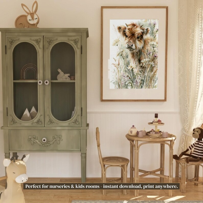 Watercolor highland cow calf printable wall art framed in warm wood displayed in a soft cottagecore nursery with sage green armoire, rattan children's table, rocking toy, and lace curtains — instant digital download farmhouse baby room decor