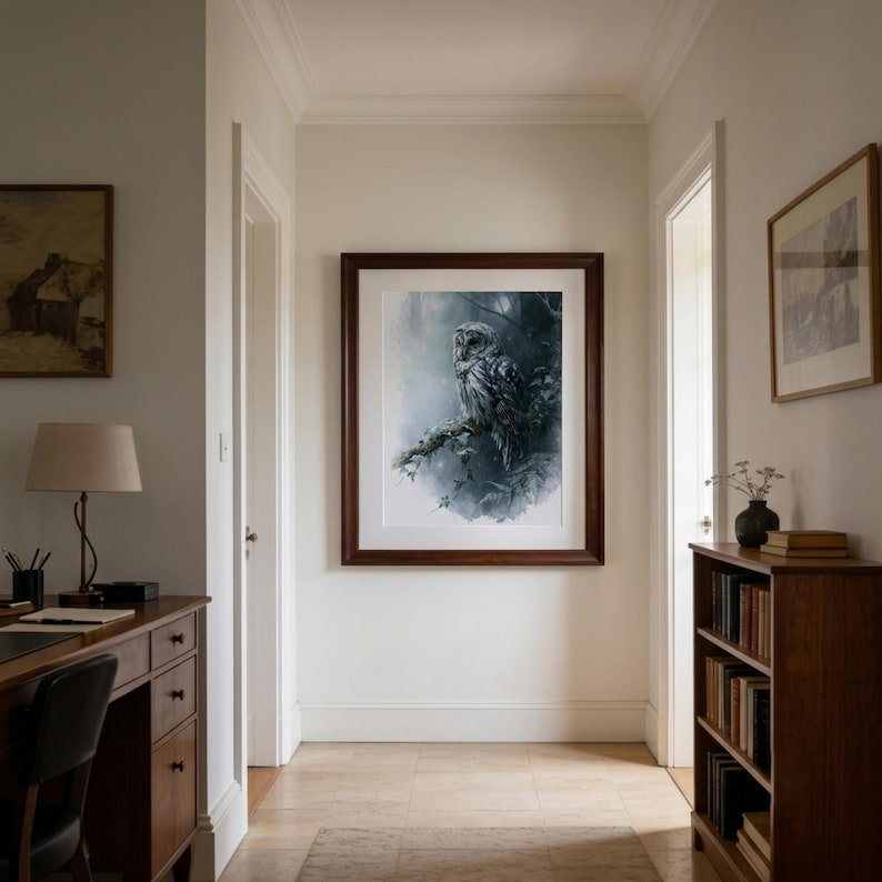 Barred owl watercolor printable wall art displayed in dark wood frame on cream hallway wall between doorways in a traditional home office styled room with bookshelf and warm lamp