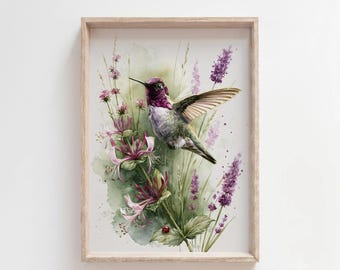 Anna's Hummingbird Watercolor Print, Lavender Honeysuckle Floral Wall Art, Jewel Tone Magenta Violet Garden Bird Poster, Digital Download