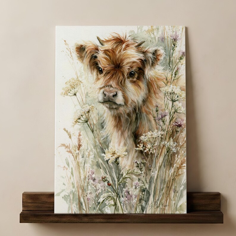 Watercolor highland cow calf print with wildflowers leaning on a dark walnut floating shelf against a warm neutral wall, farmhouse nursery wall art digital printable download instant print at home