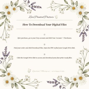 Zois Painted Pasture branded how-to-download guide for digital printable wall art showing three steps to access files via Etsy purchases and Google Drive, framed in watercolor daisy and lavender botanical border