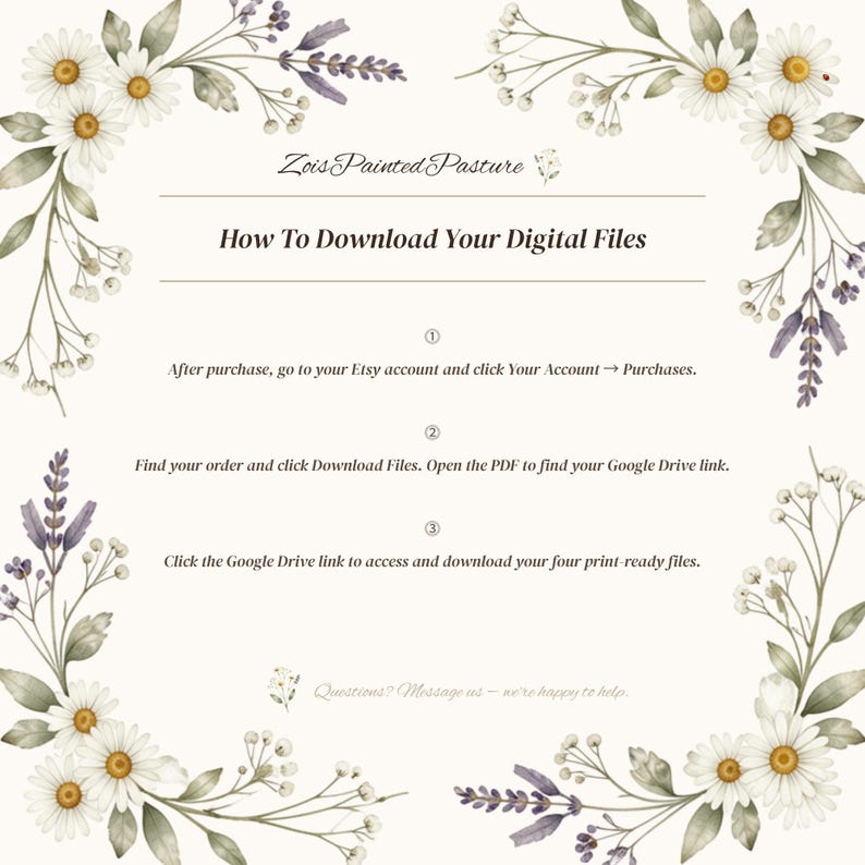 Zois Painted Pasture branded how-to-download guide for digital printable wall art showing three steps to access files via Etsy purchases and Google Drive, framed in watercolor daisy and lavender botanical border