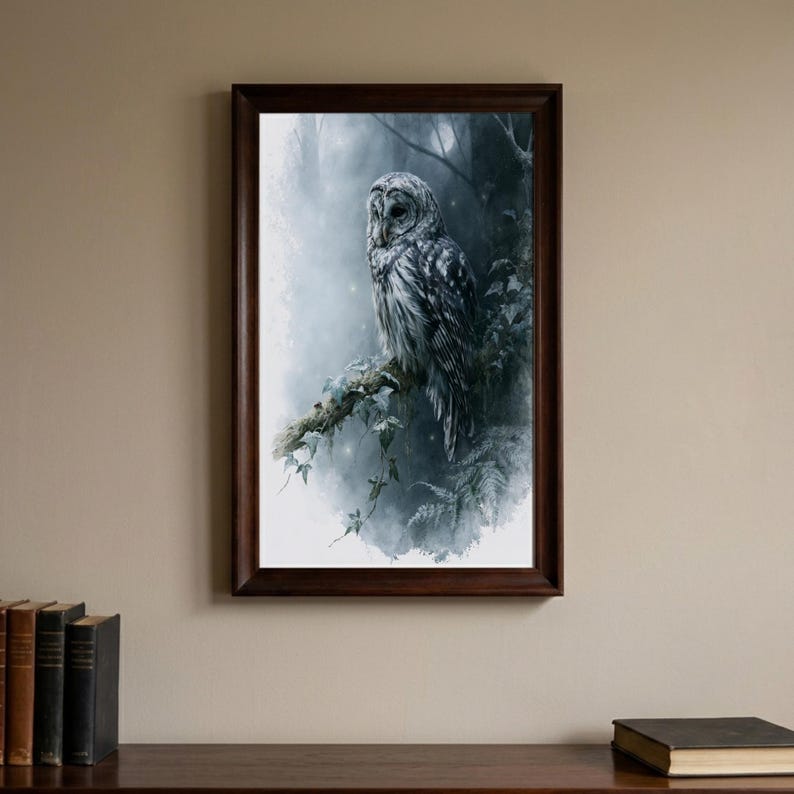 Barred owl watercolor printable wall art in dark walnut frame on neutral wall above wooden shelf with vintage books, moody cottagecore dark academia home decor digital download print