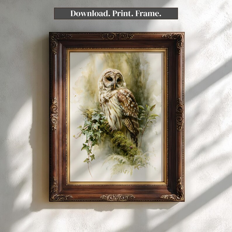 Watercolor barred owl printable wall art displayed in ornate dark walnut gold filigree frame on white textured wall with natural window light, cottagecore woodland nature art print for home decor