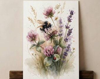 Bumblebee Wildflower Watercolor Print, Clover Lavender Daisy Meadow Art Print, Blush Violet Botanical Wall Art, Cottagecore Nature Poster