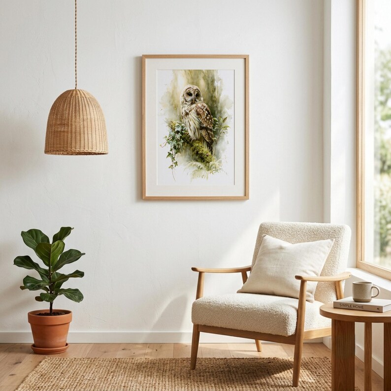 Watercolor owl printable wall art displayed in natural wood frame in a bright Scandinavian minimalist living room with boucle chair, fiddle leaf fig plant, woven pendant light, and jute rug