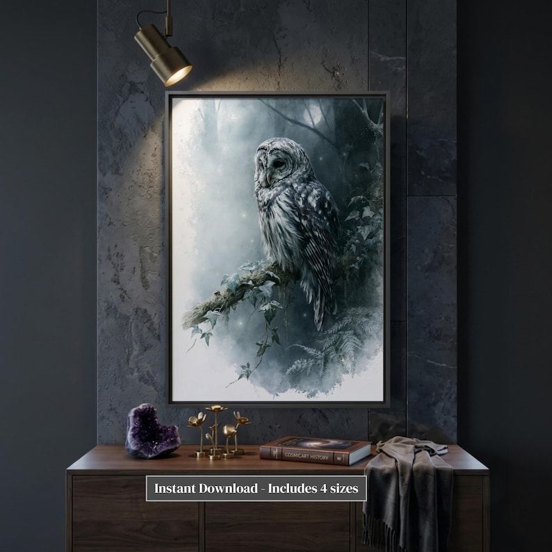 Barred owl watercolor printable wall art displayed in a dark moody entryway above a walnut console table with amethyst crystal and brass decor, framed in black on a slate textured wall with dramatic spotlight lighting