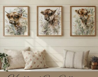 Set di acquerelli con mucca e vitello delle Highlands, set di quadri da parete in stile rustico con fiori selvatici, decorazioni stampabili in stile cottagecore boho, stampa digitale a download immediato