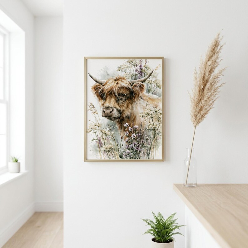 Watercolor highland cow wildflower printable wall art displayed in gold frame on white wall above wood console with pampas grass decor, boho farmhouse entryway, digital download instant print
